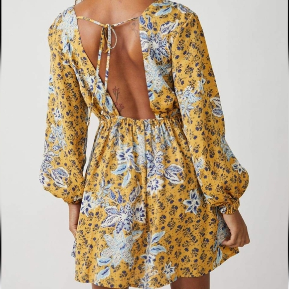 Free People Soli Mini In Golden Hour Floral Deep V-Neck Long Sleeve Dress Size L - Picture 4 of 9
